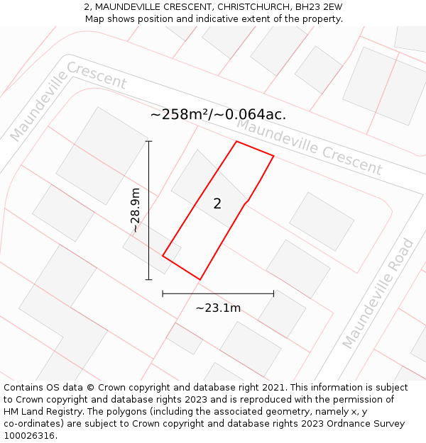 2, MAUNDEVILLE CRESCENT, CHRISTCHURCH, BH23 2EW: Plot and title map