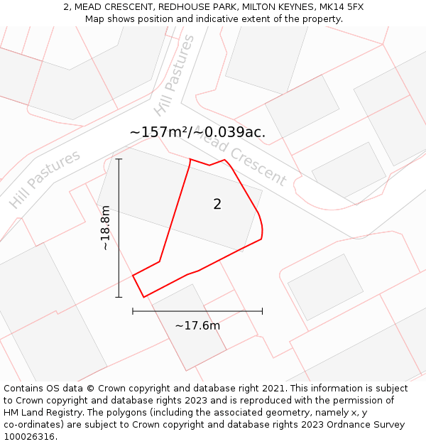 2, MEAD CRESCENT, REDHOUSE PARK, MILTON KEYNES, MK14 5FX: Plot and title map