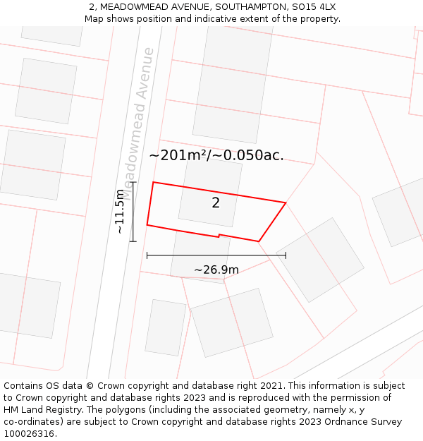 2, MEADOWMEAD AVENUE, SOUTHAMPTON, SO15 4LX: Plot and title map