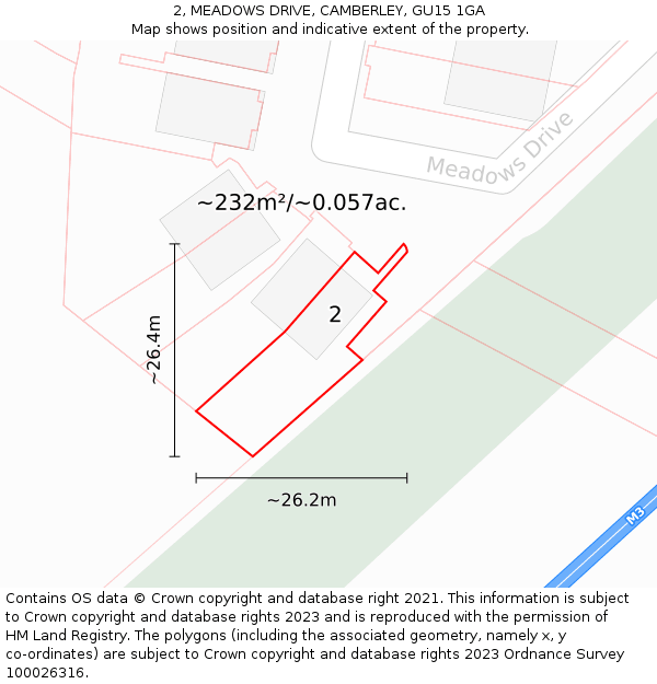 2, MEADOWS DRIVE, CAMBERLEY, GU15 1GA: Plot and title map