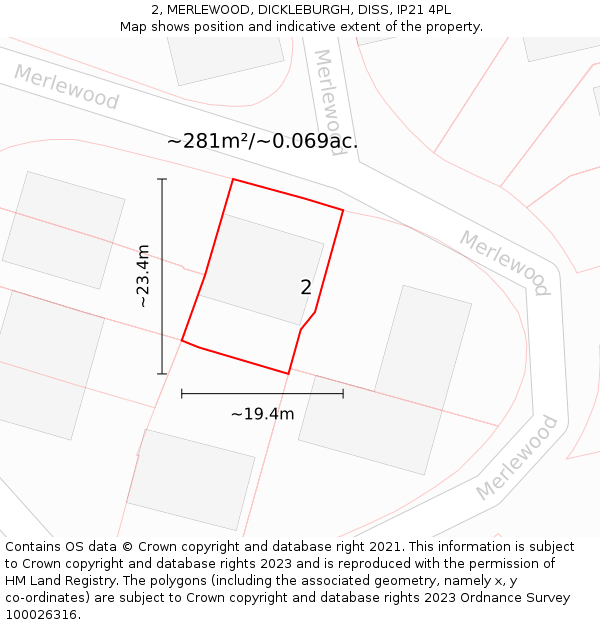 2, MERLEWOOD, DICKLEBURGH, DISS, IP21 4PL: Plot and title map