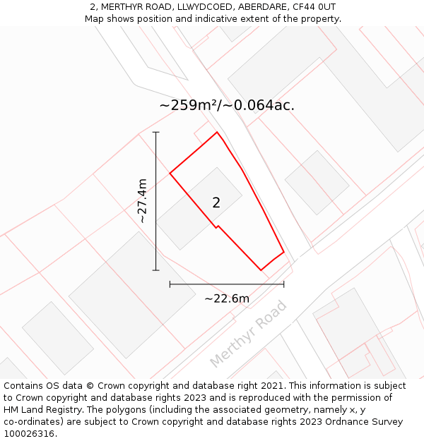 2, MERTHYR ROAD, LLWYDCOED, ABERDARE, CF44 0UT: Plot and title map