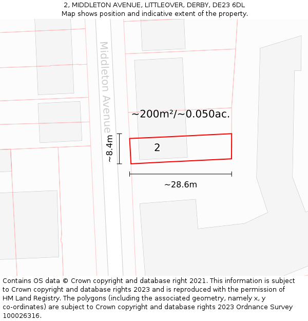 2, MIDDLETON AVENUE, LITTLEOVER, DERBY, DE23 6DL: Plot and title map