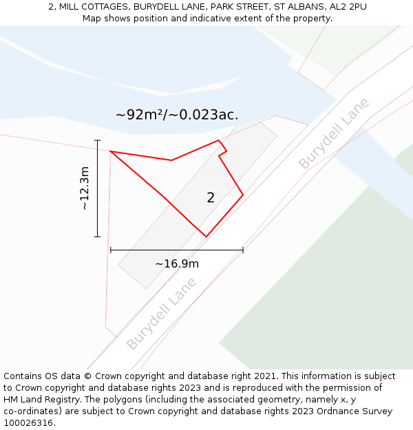 2, MILL COTTAGES, BURYDELL LANE, PARK STREET, ST ALBANS, AL2 2PU: Plot and title map