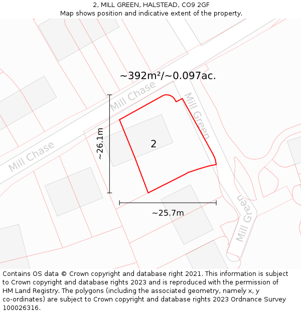 2, MILL GREEN, HALSTEAD, CO9 2GF: Plot and title map