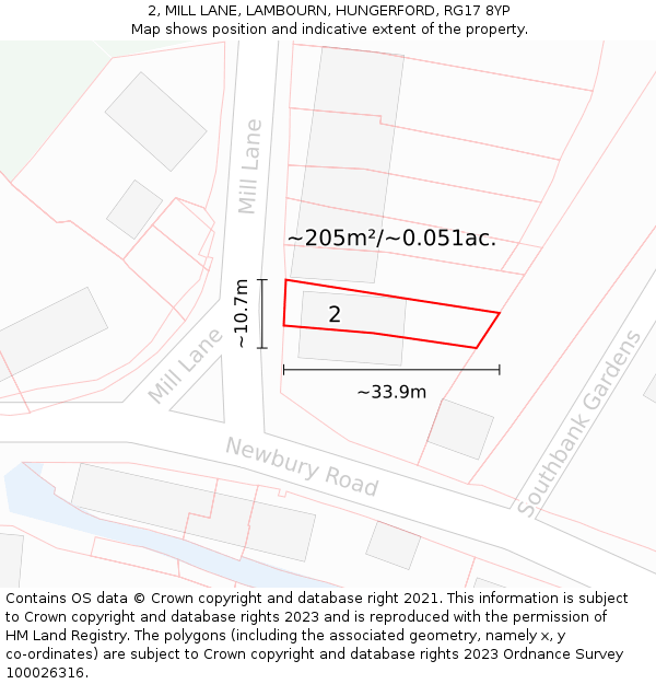 2, MILL LANE, LAMBOURN, HUNGERFORD, RG17 8YP: Plot and title map