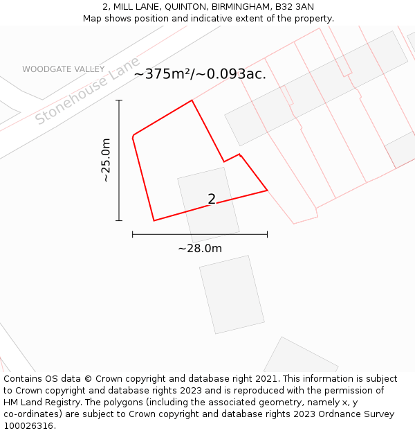 2, MILL LANE, QUINTON, BIRMINGHAM, B32 3AN: Plot and title map