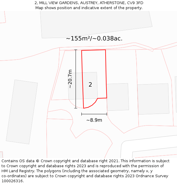 2, MILL VIEW GARDENS, AUSTREY, ATHERSTONE, CV9 3FD: Plot and title map