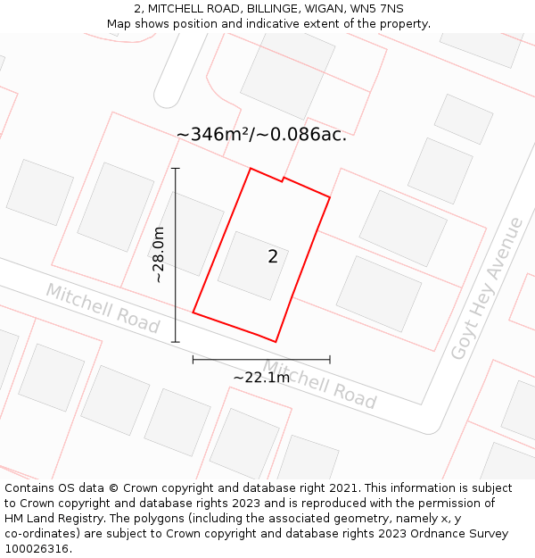 2, MITCHELL ROAD, BILLINGE, WIGAN, WN5 7NS: Plot and title map