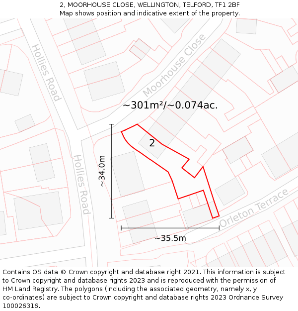 2, MOORHOUSE CLOSE, WELLINGTON, TELFORD, TF1 2BF: Plot and title map