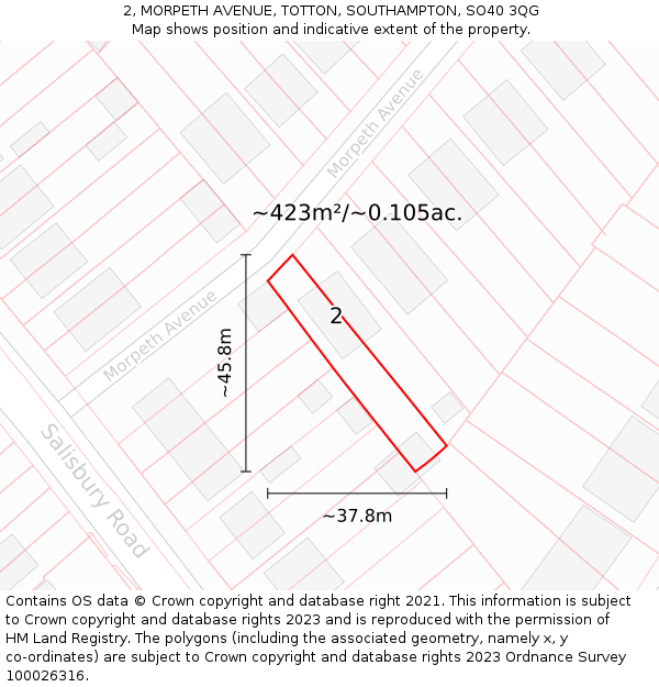 2, MORPETH AVENUE, TOTTON, SOUTHAMPTON, SO40 3QG: Plot and title map