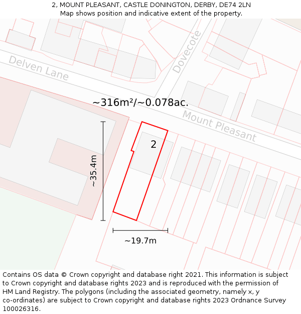 2, MOUNT PLEASANT, CASTLE DONINGTON, DERBY, DE74 2LN: Plot and title map