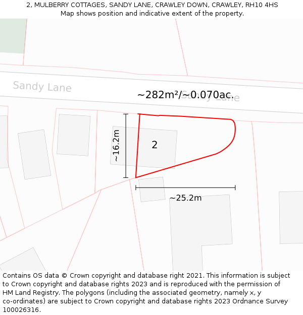 2, MULBERRY COTTAGES, SANDY LANE, CRAWLEY DOWN, CRAWLEY, RH10 4HS: Plot and title map