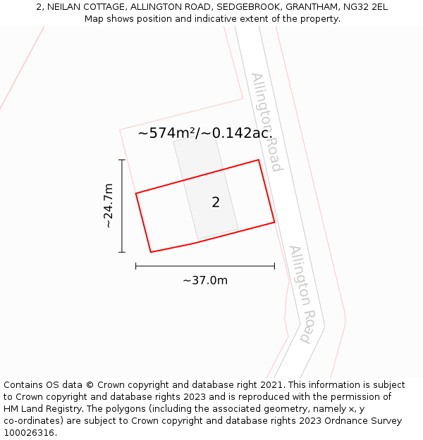 2, NEILAN COTTAGE, ALLINGTON ROAD, SEDGEBROOK, GRANTHAM, NG32 2EL: Plot and title map