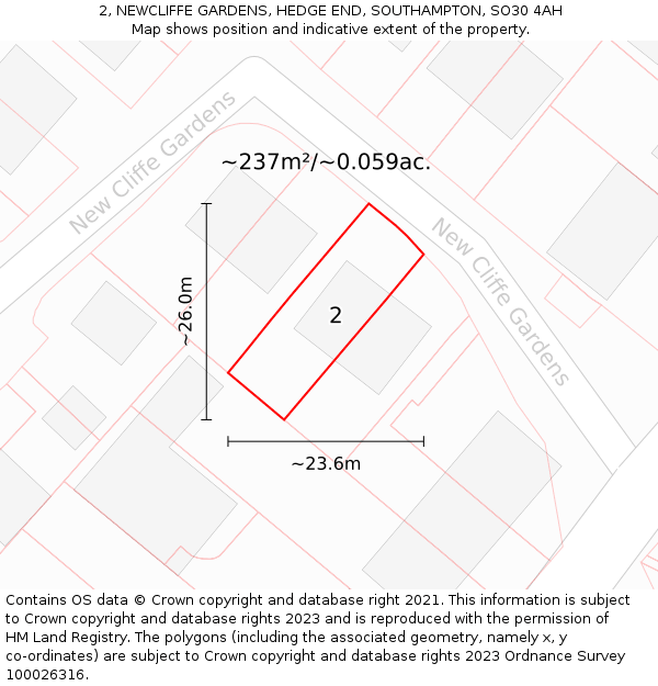 2, NEWCLIFFE GARDENS, HEDGE END, SOUTHAMPTON, SO30 4AH: Plot and title map