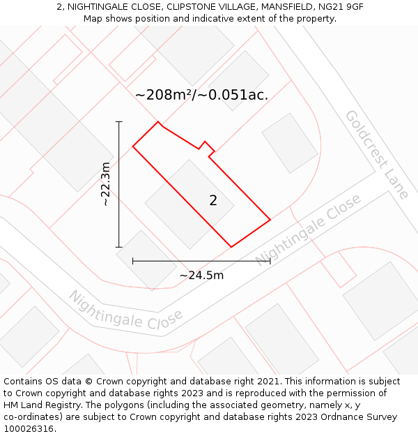 2, NIGHTINGALE CLOSE, CLIPSTONE VILLAGE, MANSFIELD, NG21 9GF: Plot and title map