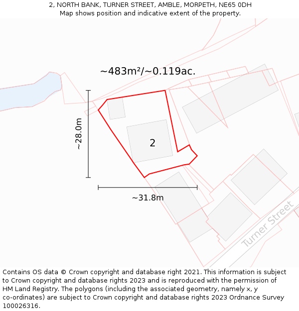 2, NORTH BANK, TURNER STREET, AMBLE, MORPETH, NE65 0DH: Plot and title map