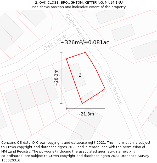 2, OAK CLOSE, BROUGHTON, KETTERING, NN14 1NU: Plot and title map