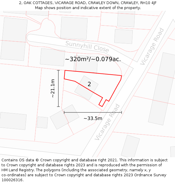 2, OAK COTTAGES, VICARAGE ROAD, CRAWLEY DOWN, CRAWLEY, RH10 4JF: Plot and title map