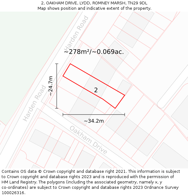 2, OAKHAM DRIVE, LYDD, ROMNEY MARSH, TN29 9DL: Plot and title map