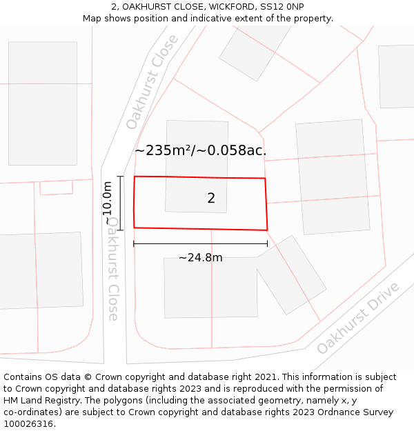 2, OAKHURST CLOSE, WICKFORD, SS12 0NP: Plot and title map