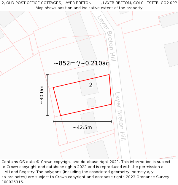 2, OLD POST OFFICE COTTAGES, LAYER BRETON HILL, LAYER BRETON, COLCHESTER, CO2 0PP: Plot and title map