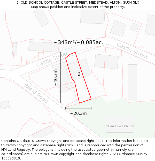 2, OLD SCHOOL COTTAGE, CASTLE STREET, MEDSTEAD, ALTON, GU34 5LX: Plot and title map