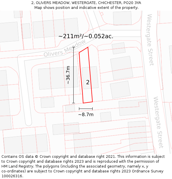 2, OLIVERS MEADOW, WESTERGATE, CHICHESTER, PO20 3YA: Plot and title map