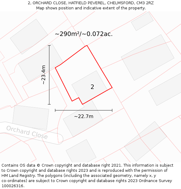 2, ORCHARD CLOSE, HATFIELD PEVEREL, CHELMSFORD, CM3 2RZ: Plot and title map