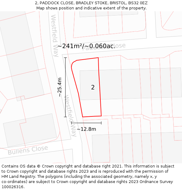 2, PADDOCK CLOSE, BRADLEY STOKE, BRISTOL, BS32 0EZ: Plot and title map