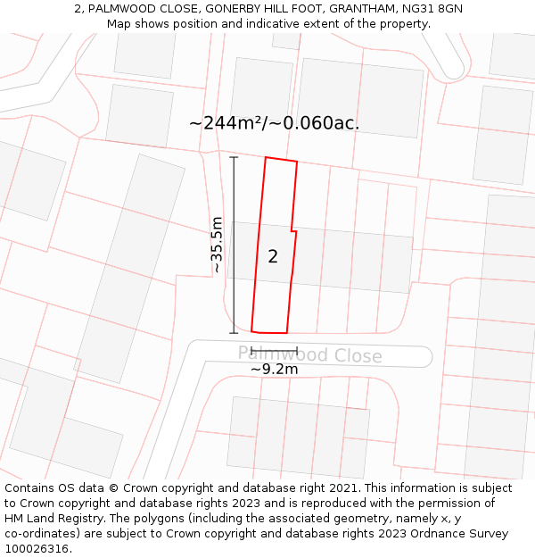 2, PALMWOOD CLOSE, GONERBY HILL FOOT, GRANTHAM, NG31 8GN: Plot and title map