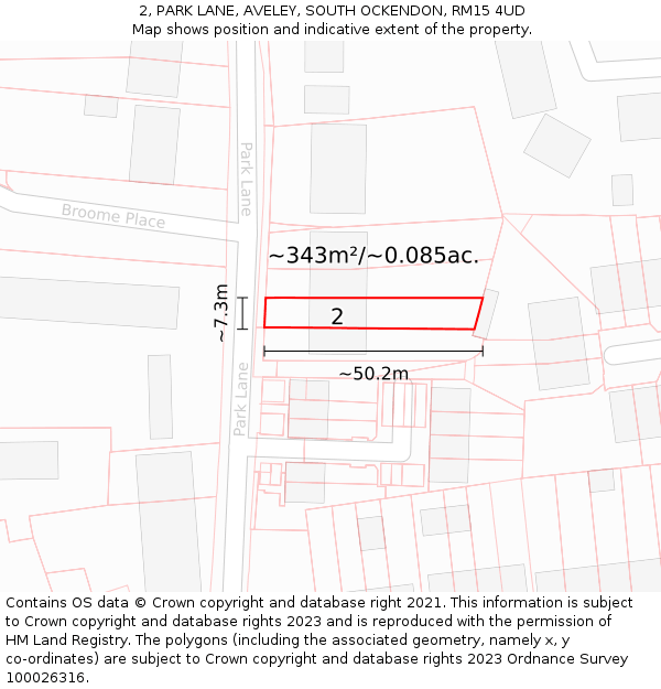 2, PARK LANE, AVELEY, SOUTH OCKENDON, RM15 4UD: Plot and title map