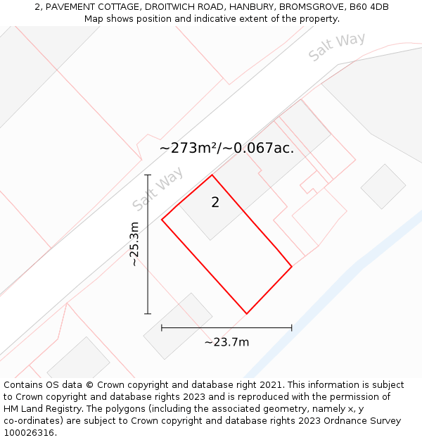 2, PAVEMENT COTTAGE, DROITWICH ROAD, HANBURY, BROMSGROVE, B60 4DB: Plot and title map