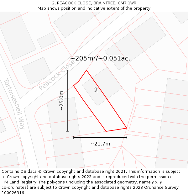 2, PEACOCK CLOSE, BRAINTREE, CM7 1WR: Plot and title map