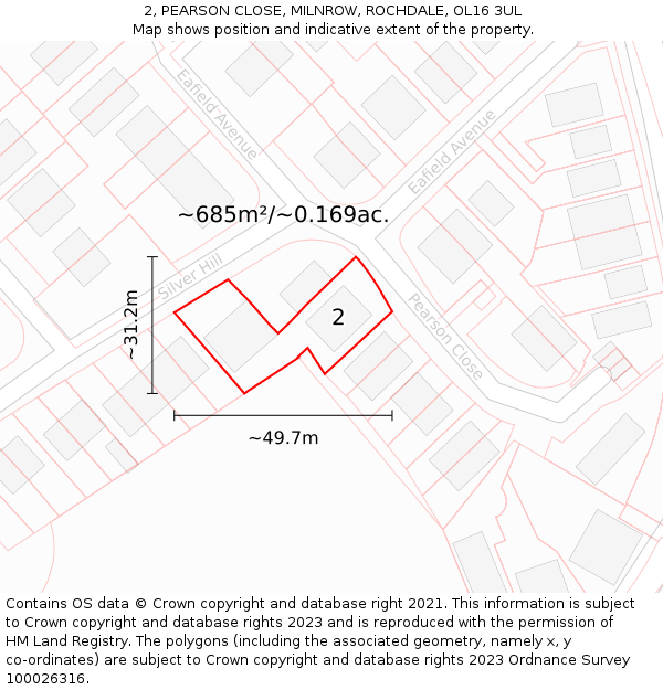 2, PEARSON CLOSE, MILNROW, ROCHDALE, OL16 3UL: Plot and title map