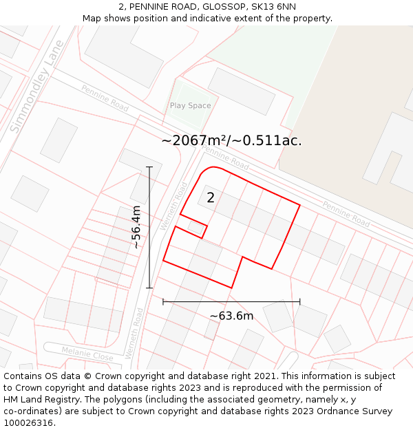 2, PENNINE ROAD, GLOSSOP, SK13 6NN: Plot and title map