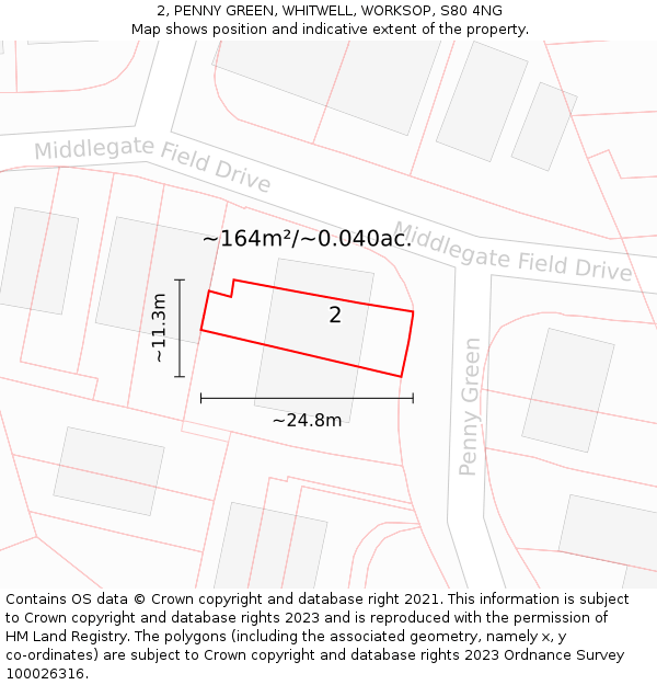 2, PENNY GREEN, WHITWELL, WORKSOP, S80 4NG: Plot and title map