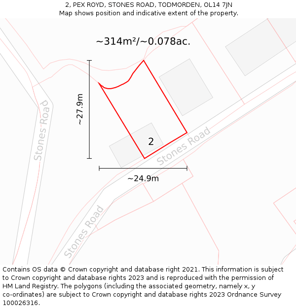 2, PEX ROYD, STONES ROAD, TODMORDEN, OL14 7JN: Plot and title map