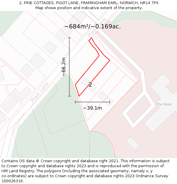 2, PINE COTTAGES, PIGOT LANE, FRAMINGHAM EARL, NORWICH, NR14 7PX: Plot and title map