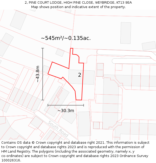 2, PINE COURT LODGE, HIGH PINE CLOSE, WEYBRIDGE, KT13 9EA: Plot and title map