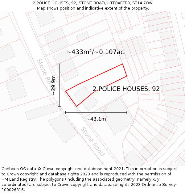 2 POLICE HOUSES, 92, STONE ROAD, UTTOXETER, ST14 7QW: Plot and title map