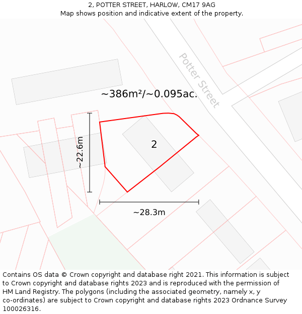 2, POTTER STREET, HARLOW, CM17 9AG: Plot and title map