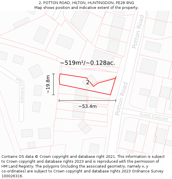 2, POTTON ROAD, HILTON, HUNTINGDON, PE28 9NG: Plot and title map