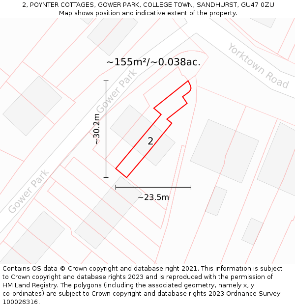 2, POYNTER COTTAGES, GOWER PARK, COLLEGE TOWN, SANDHURST, GU47 0ZU: Plot and title map