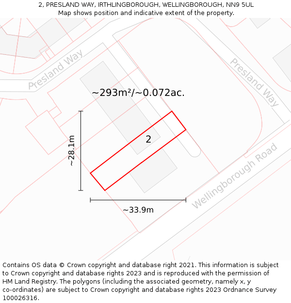 2, PRESLAND WAY, IRTHLINGBOROUGH, WELLINGBOROUGH, NN9 5UL: Plot and title map