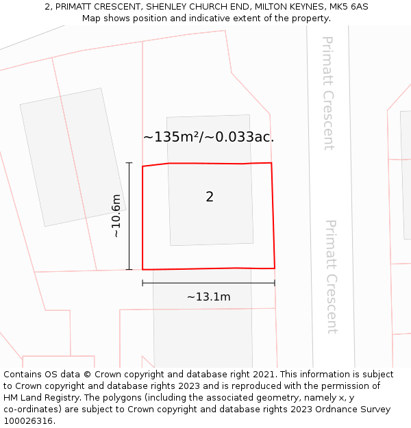 2, PRIMATT CRESCENT, SHENLEY CHURCH END, MILTON KEYNES, MK5 6AS: Plot and title map