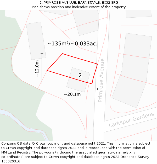 2, PRIMROSE AVENUE, BARNSTAPLE, EX32 8RG: Plot and title map