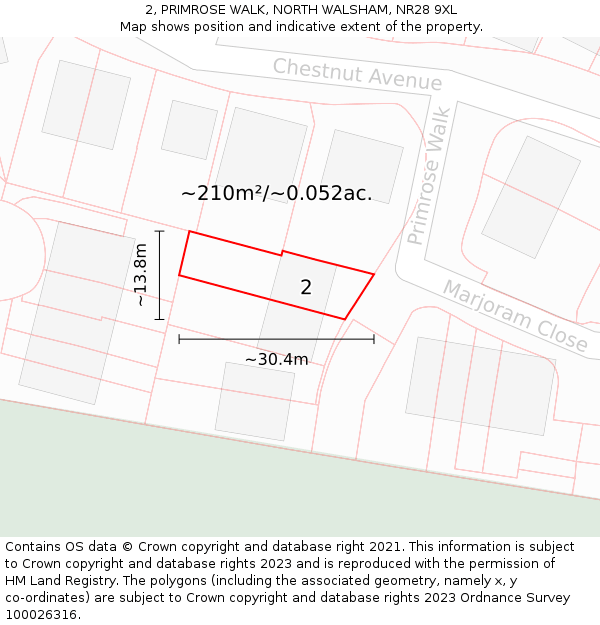 2, PRIMROSE WALK, NORTH WALSHAM, NR28 9XL: Plot and title map