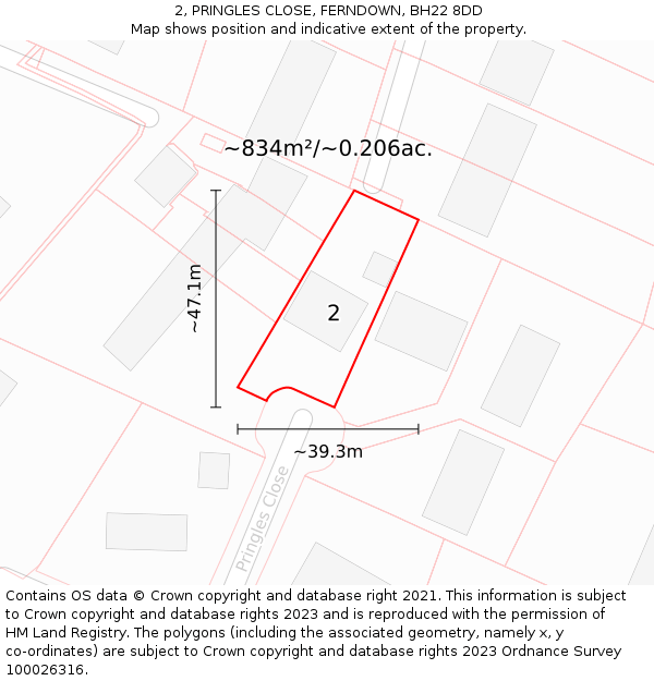 2, PRINGLES CLOSE, FERNDOWN, BH22 8DD: Plot and title map