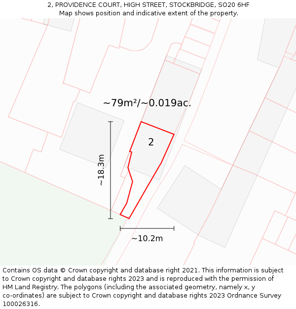 2, PROVIDENCE COURT, HIGH STREET, STOCKBRIDGE, SO20 6HF: Plot and title map